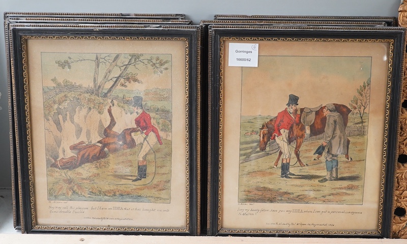 After Henry Thomas Alken (1784-1851), set of six colour prints, Hunting scenes, published by Thomas Mclean, 1826, 27 x 22cm. Condition - fair, discolouration throughout